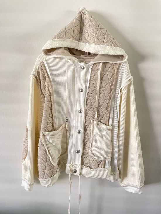 POL Tops - POL Quilted Waffle Knit Hooded Jacket Sz L Cream Tan Boxy Slouchy Granola Boho